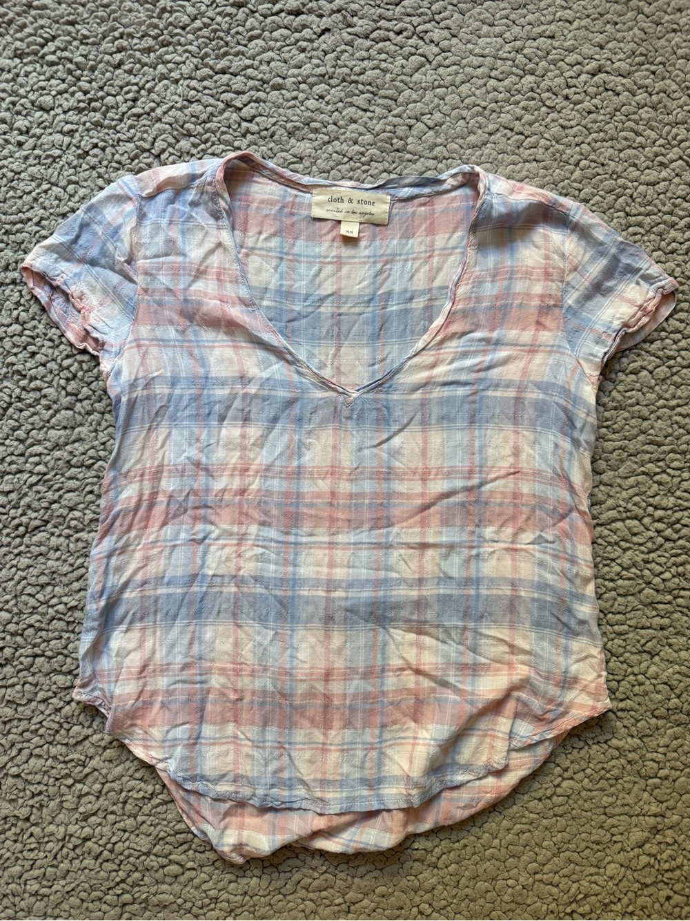 Cloth and stone Light Blue Plaid V-Neck Short Sleeve Top - Picture 2 of 4